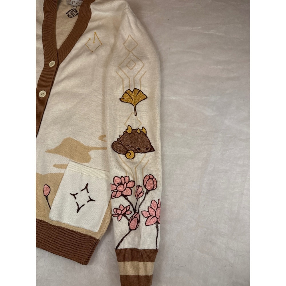 Genshin Impact flowers zhongli cotton embroidered Cardigan Cream Tan Medium - Picture 4 of 16